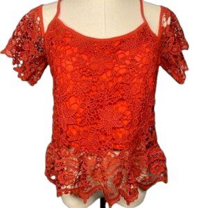 Sans Souci Medium Cold Shoulder Lace Shirt Summer Casual Festival Tops Light Red
